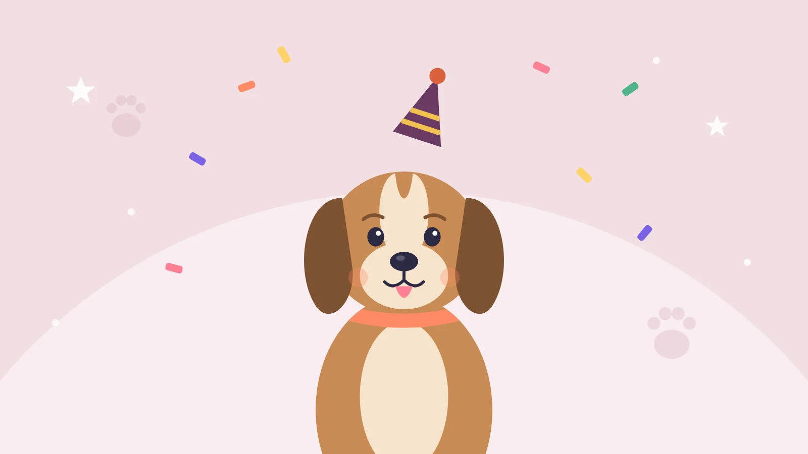 Getekende hond met een feestmuts tussen confetti op een zachte gele achtergrond