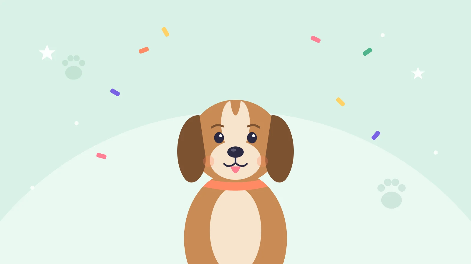 Getekende hond tussen confetti op een mintgroene achtergrond