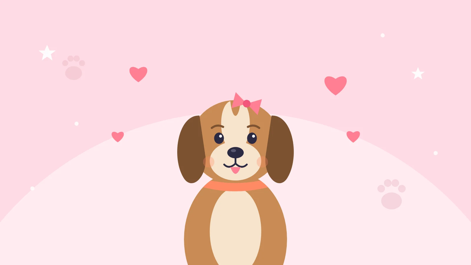 Getekende hond met een roze strikje en hartjes op een roze achtergrond
