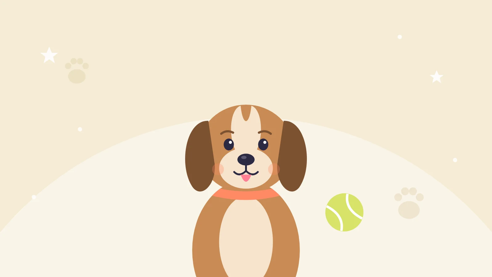 Getekende hond met een tennisbal op een zachte zandkleurige achtergrond