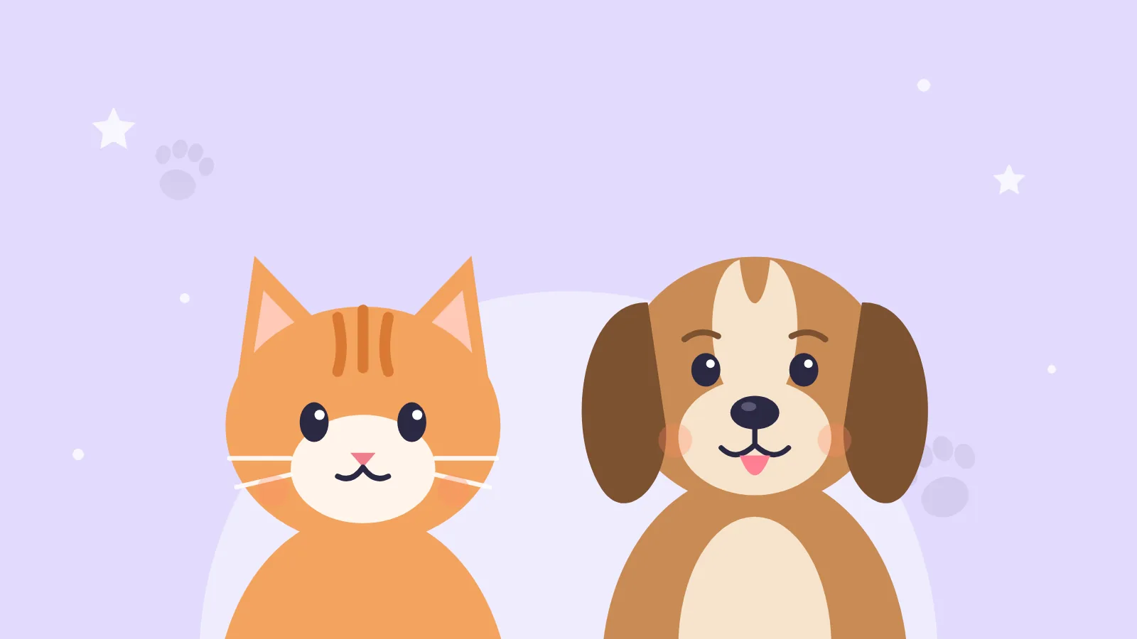 Getekende kat en hond samen op een lila achtergrond
