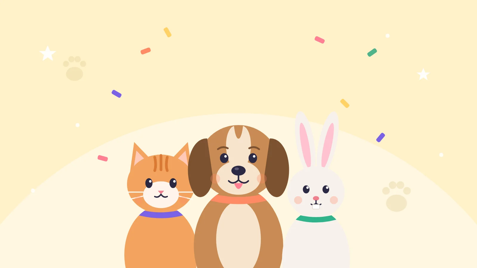 Getekende kat, hond en konijn tussen confetti op een gele achtergrond