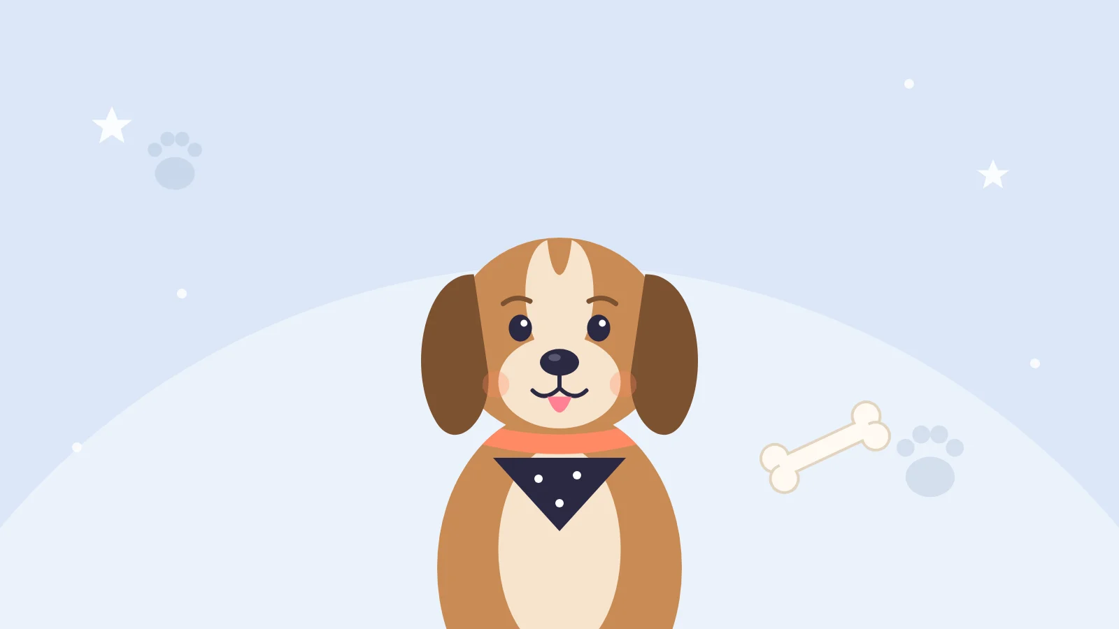 Getekende hond met een donkere bandana en een bot op een lichtblauwe achtergrond