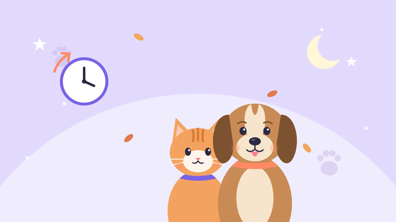 Getekende kat en hond met een klok en een maan op een lila achtergrond